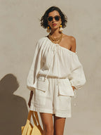 Women's White Linen-Blend Off-the-Shoulder Jumpsuit With Drawstring Neck & Cargo Pocket Shorts, Casual Summer Vacation Jumpsuit MDZ1233F5LYL