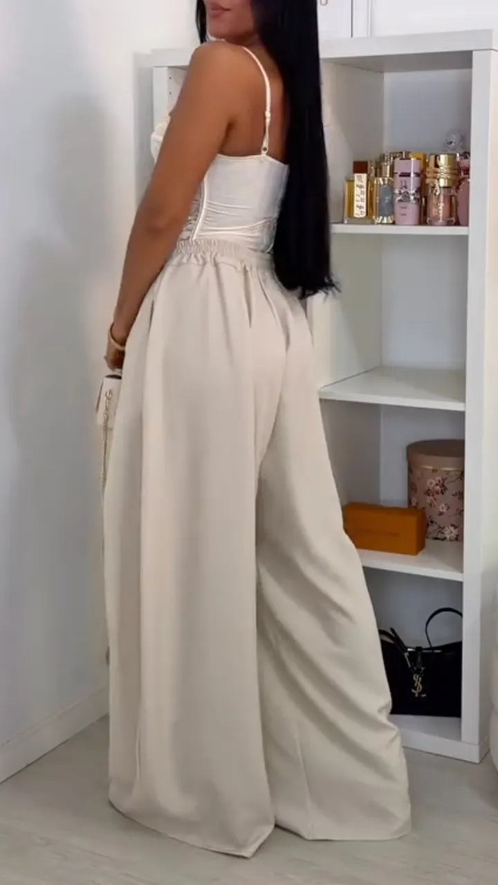 Lace Corset Cami Top & High Waist Pleated Wide Leg Pants Co-ord Set