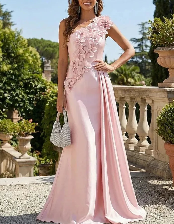 One Shoulder 3D Floral Side Draped Split Satin Maxi Dress