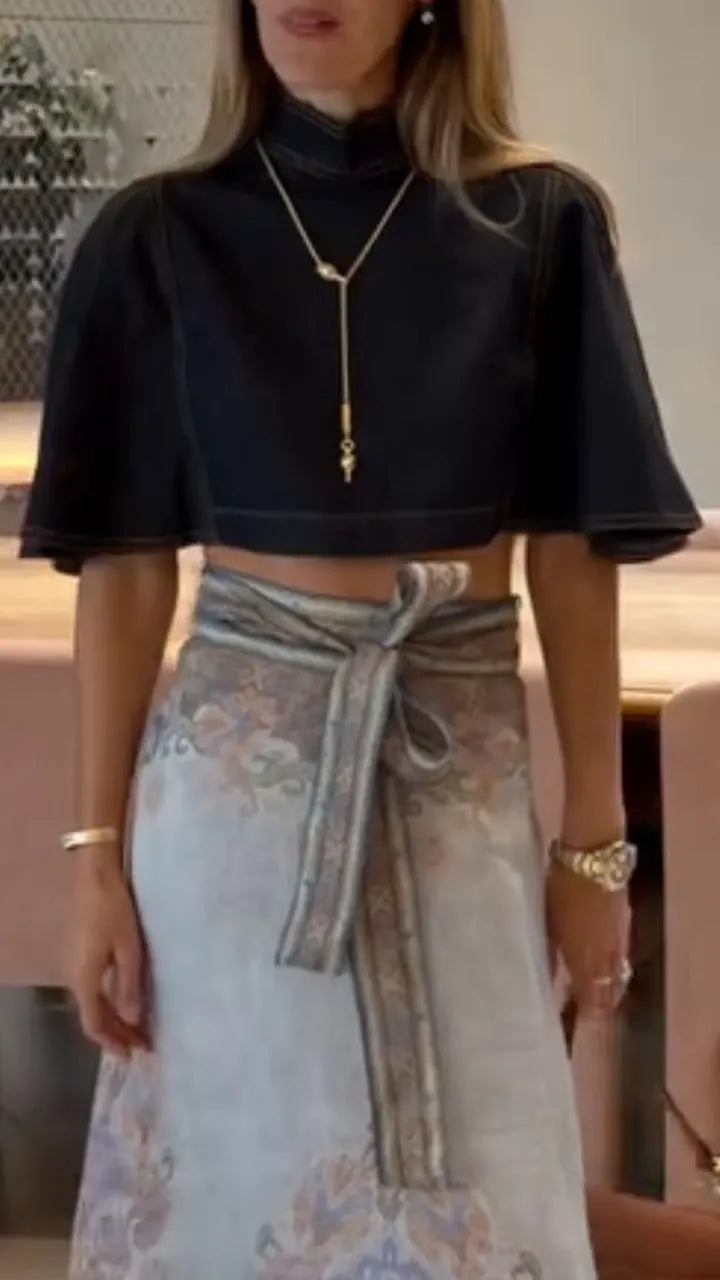 Black Crop Top & Vintage Paisley Print Maxi Skirt 2 Piece Set