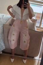 Women Large Collar Zipper Shirt or Washed Metal Decorative Wide Leg Pants