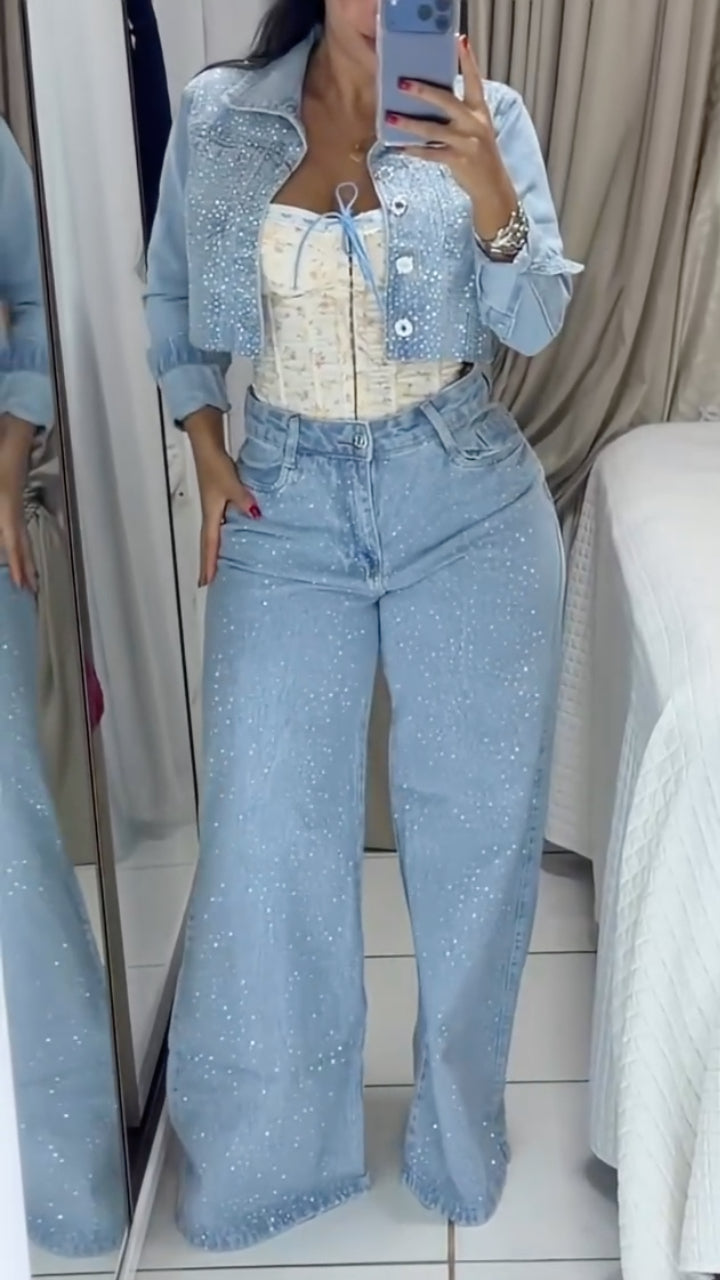 Rhinestone Denim Cropped Jacket & Wide Leg Jeans 2 Piece Set