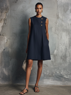Women's Minimalist Commuter Style Navy Blue Linen Round Neck Asymmetric Buttons Side Pocket Sleeveless Mini Dress MDZ0395F6GMJ