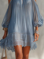 Blue Off-Shoulder Ruched Mini Dress with Lace Hem