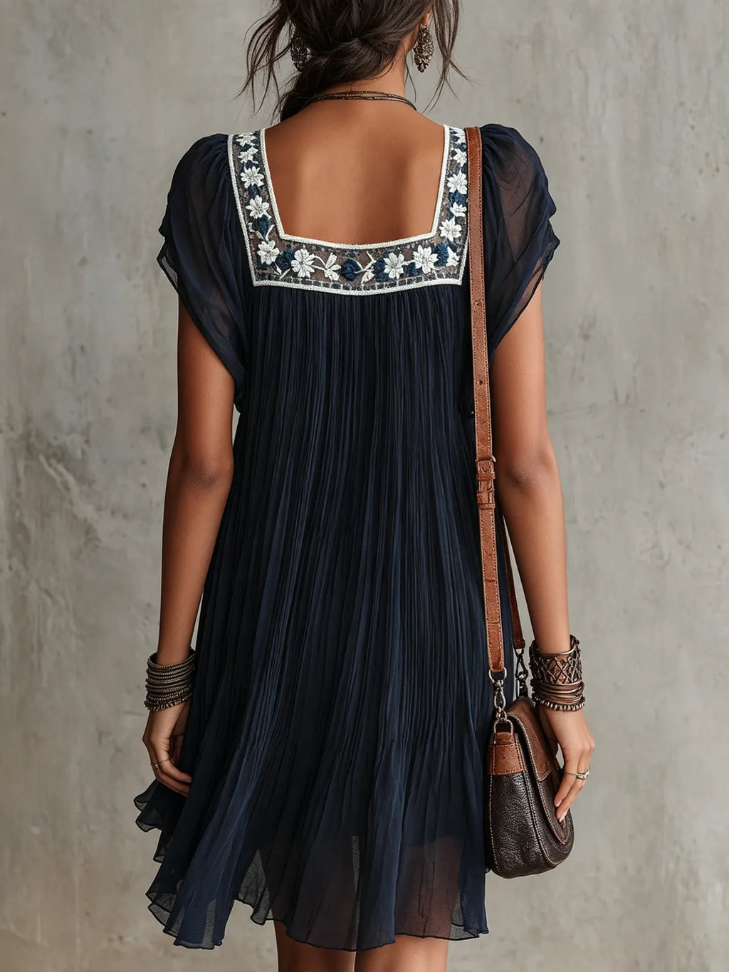 Navy Blue Floral Embroidered Pleated Chiffon Mini Dress