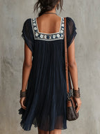 Navy Blue Floral Embroidered Pleated Chiffon Mini Dress