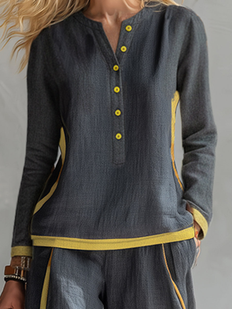 Elegant And Casual Two-tone Trim Gray Cotton And Linen Shirt And Pants Set