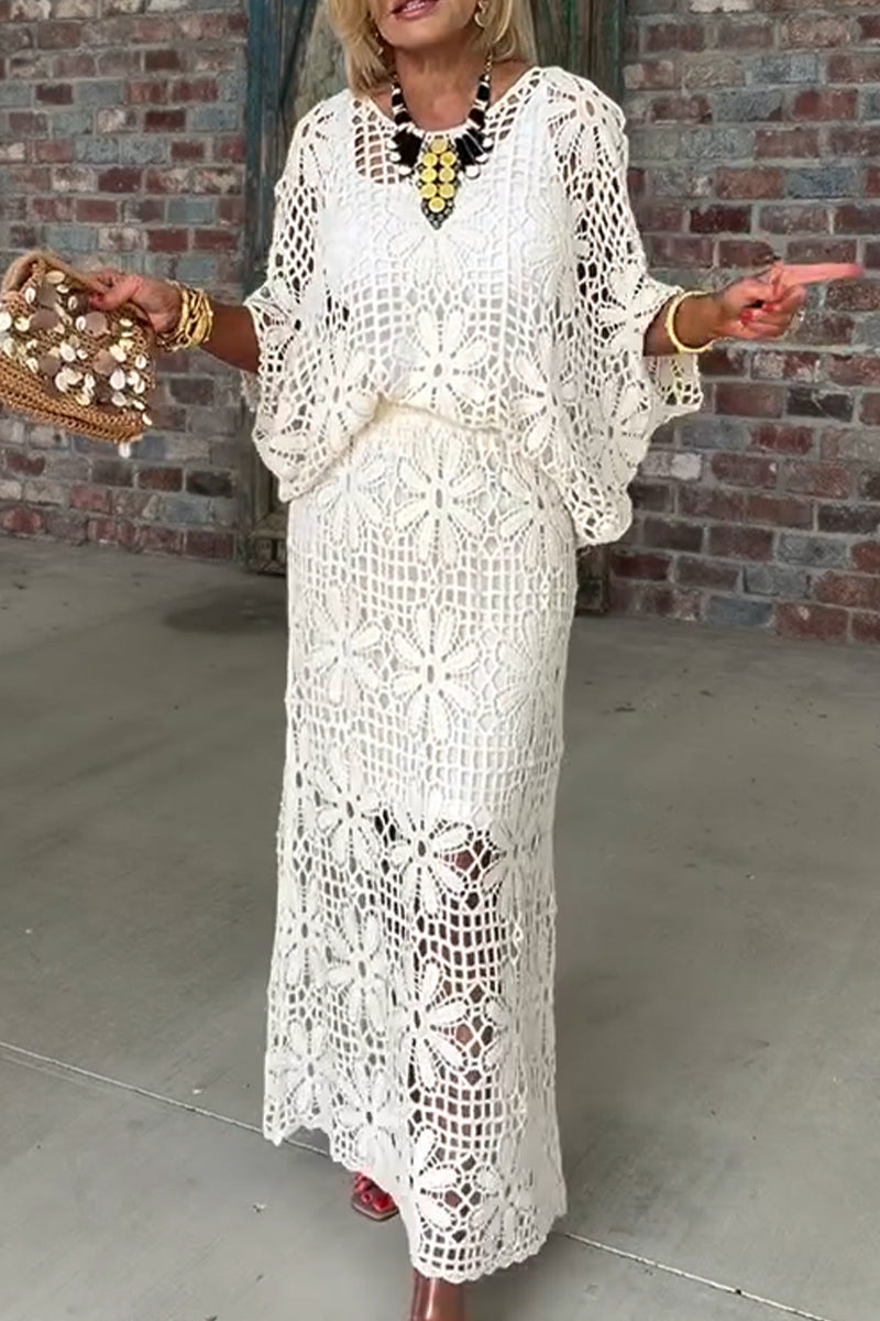 Elegant and Casual Round Neck Patterned Hollow Top or Skirt for Women