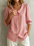 Retro Peter Pan Collar Striped Cotton-linen Shirt
