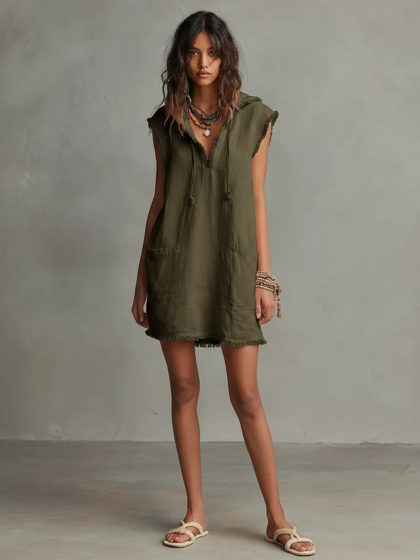 Women's Minimalist Linen-Blend Mini Dress — Hooded, Sleeveless, Raw Hem MDZ2961D3Y