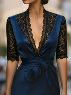 Elegant Lace-Trim V-Neck Belted Midi Dress