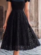 Elegant Floral Lace Boat Neck A-Line Midi Dress