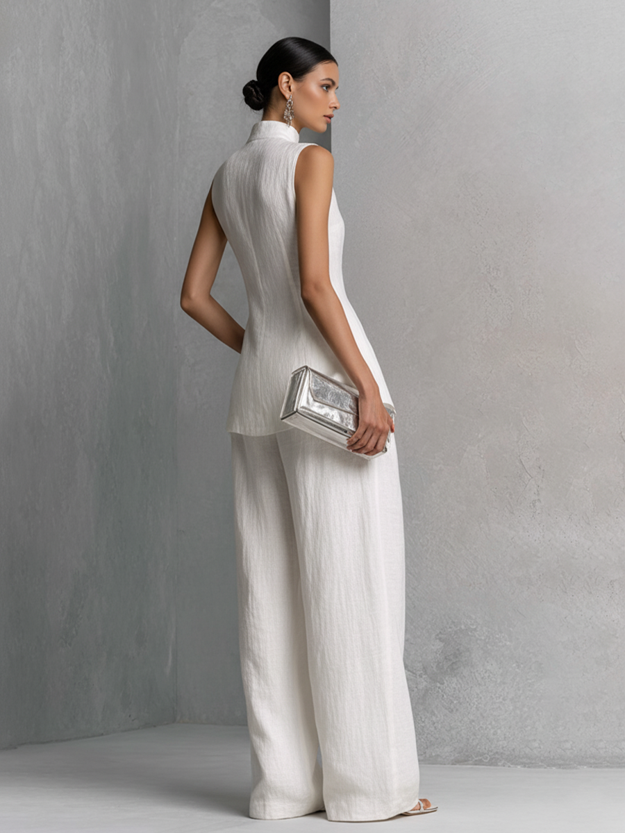 Women's Elegant White Cotton Linen Sleeveless Top and Wide-Leg Pants Set MDZ0221B1BA