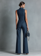 Women's Retro Style Dark Blue Denim Sleeveless High-Neck Flared Jumpsuit With Front Zipper MDZ1239B2BA