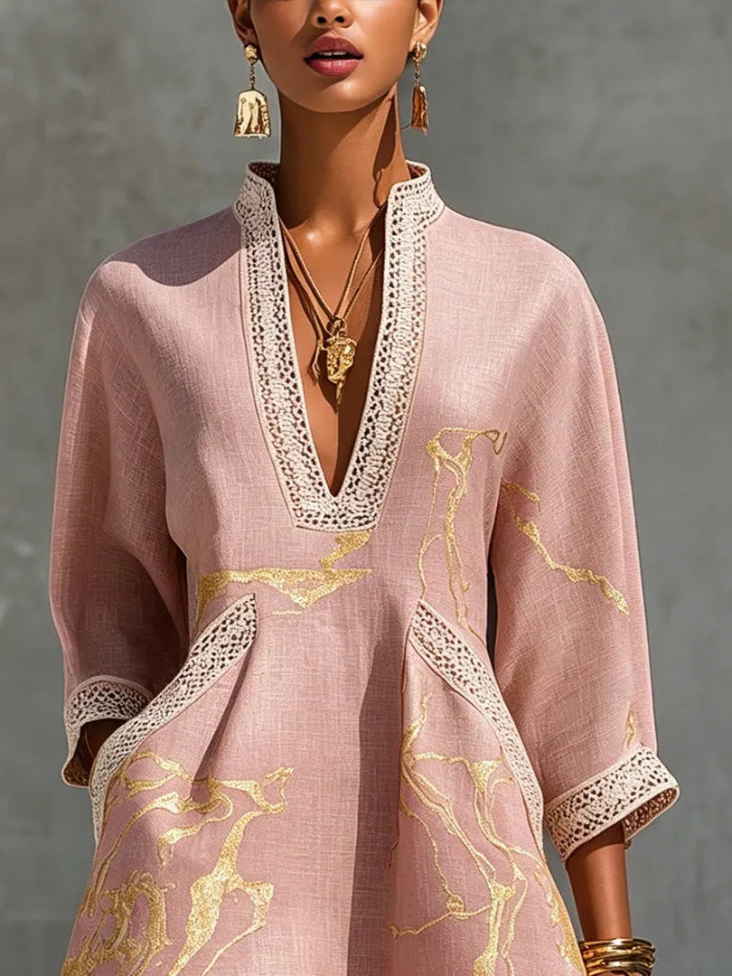 Pink Gold Printed V-neck Crochet Lace Mini Dress