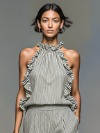 Women's Minimalist Striped Sleeveless Ruffled Blouse And Shorts Set MDZ2698B4Y