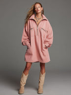 Casual Retro Pink Denim Half-zip Long-sleeved Mini Dress