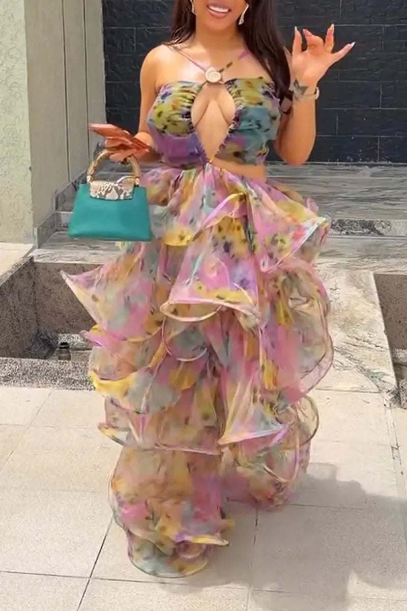 Women Neck Hanging Printed Patchwork Layered Elegant Temperament Dinner Party Style Dress
