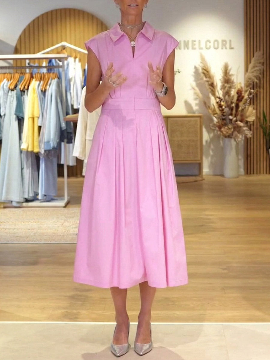Women's Solid-color Shirt-collar Sleeveless Loose-fit Casual Cotton Dress