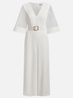 White Mesh V Neck Half Sleeve Plain Wide-Leg Jumpsuit With Belt With Pockets