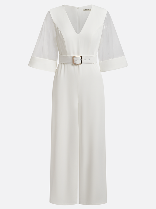White Mesh V Neck Half Sleeve Plain Wide-Leg Jumpsuit With Belt With Pockets