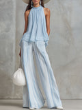 Vacation Light Blue Chiffon Sleeveless Top And Striped Wide-leg Pants Set