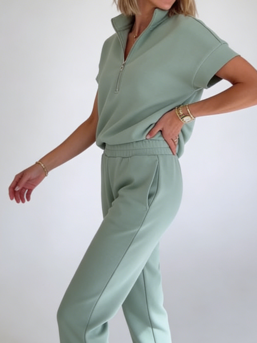Cozy Travel Stand-collar Zip Sweatshirt & Pants Two-piece Set
