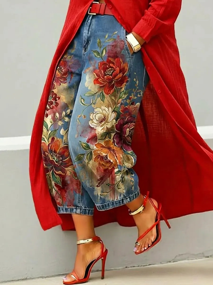 Women's Retro Floral Pattern Art Print Casual Jeans