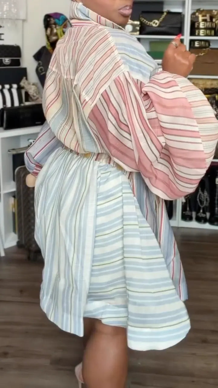 Multicolor Striped Wrap Shirt Mini Dress