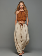 Women's Casual Brown Cotton-Linen Sleeveless Halter Top Paired With Beige Embroidered Trousers MDZ1512D0LXY