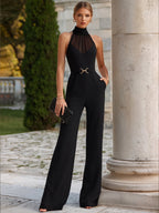 High-Neck Sheer Yoke Tailored Wide-Leg Jumpsuit