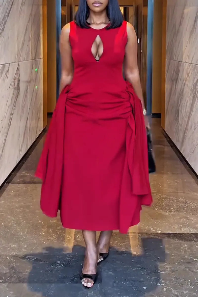 Women's Elegant Side-Tie Cutout-Neckline Midi Dress