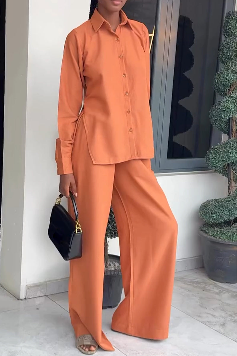 Women Collar Side Slit Shirt + Wide Leg Pants Casual Set