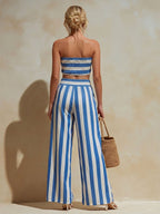 Women's Resort Style Blue And White Striped Strapless Wide-Leg Pants Suit MDZ0963B1BA