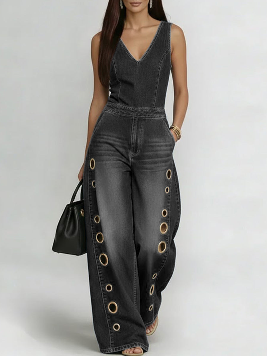 Women's V-neck Sleeveless Casual Loose Denim Wide-leg Jumpsuit