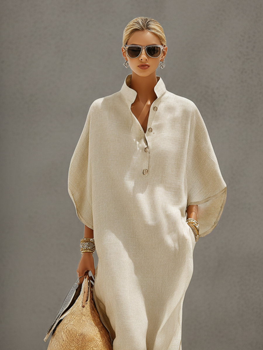 Women's Oatmeal Linen Dress With Mandarin Collar & Dolman Sleeves, Timeless Resort-Casual Style Dress MDZ0552B1I