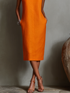 Women's Orange Linen Shift Dress With Sleeveless Round Neck & Side Pockets, Timeless Minimalist-Elegant Style Dress MDZ2851C7I