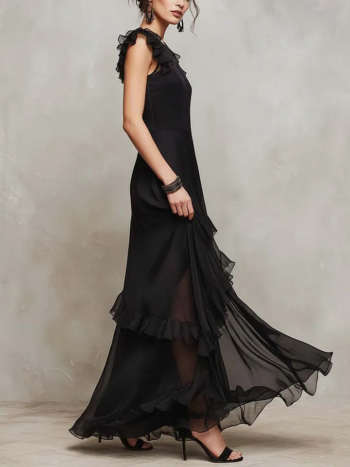 Black Layered Sheer Chiffon Ruffle-Trim Maxi Dress