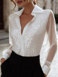 Sequin Embellished Sheer Sleeve Button-Front Blouse