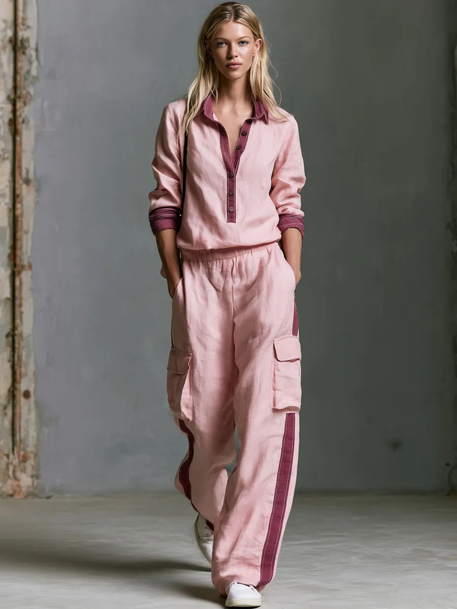 Retro Casual Color-blocked Pink Cotton-linen Shirt And Trousers Set