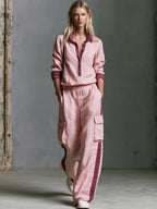 Retro Casual Color-blocked Pink Cotton-linen Shirt And Trousers Set