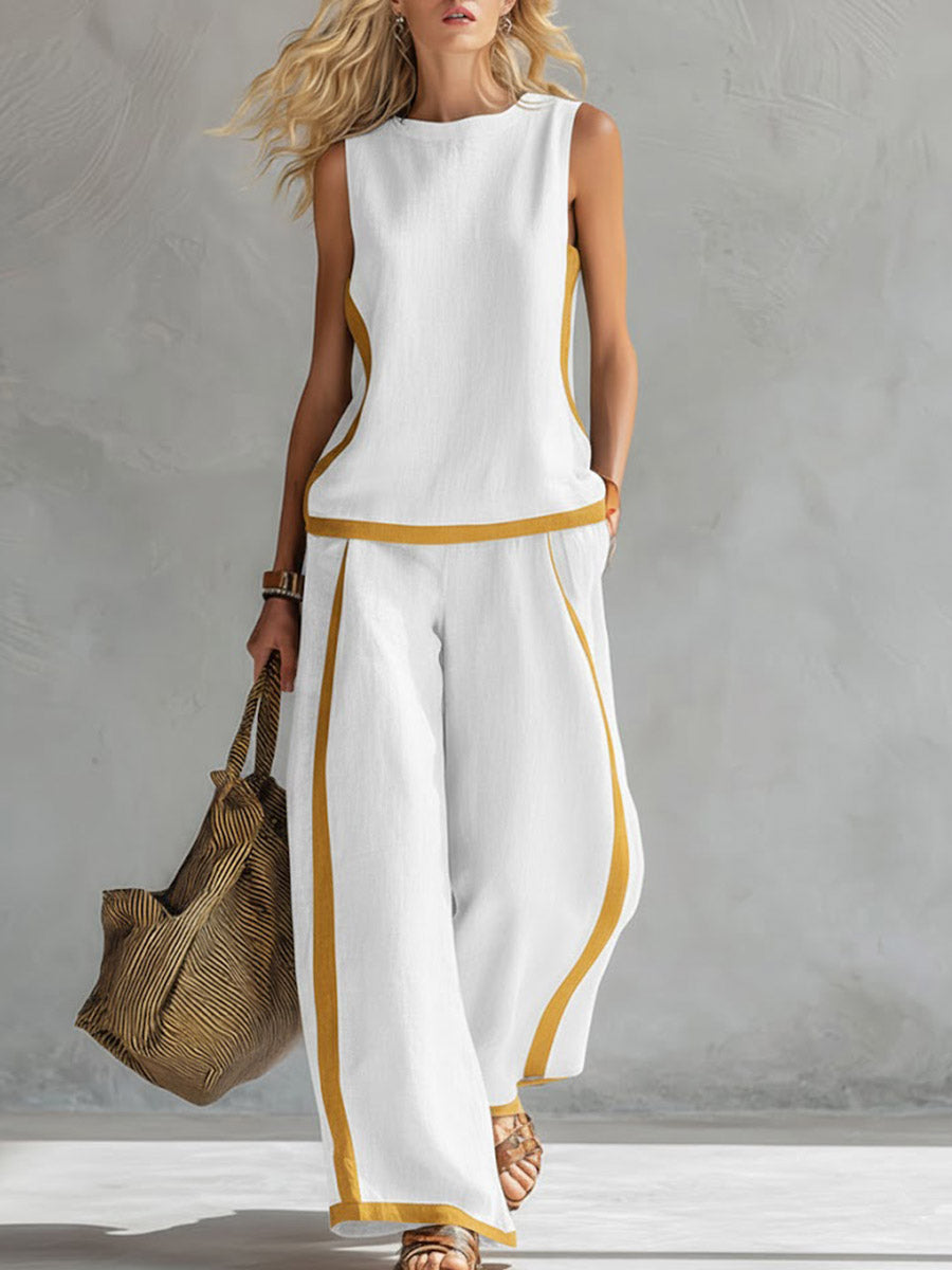 Women's Round Neck Sleeveless Casual Loose Top And High-waisted Loose Wide-leg Pants Cotton And Linen Set.