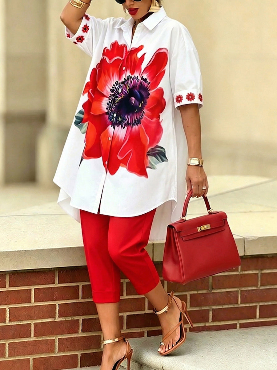 Artistic Stylish Scarlet Bloom Shirt And Pants Two-piece Set