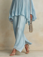 Classic Pleated Batwing-Sleeve Blouse & Wide-Leg Pants Set