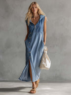 Exquisite Vintage Casual Hooded V-neck Zipper Side Slits Buttons Blue Denim Midi Dress