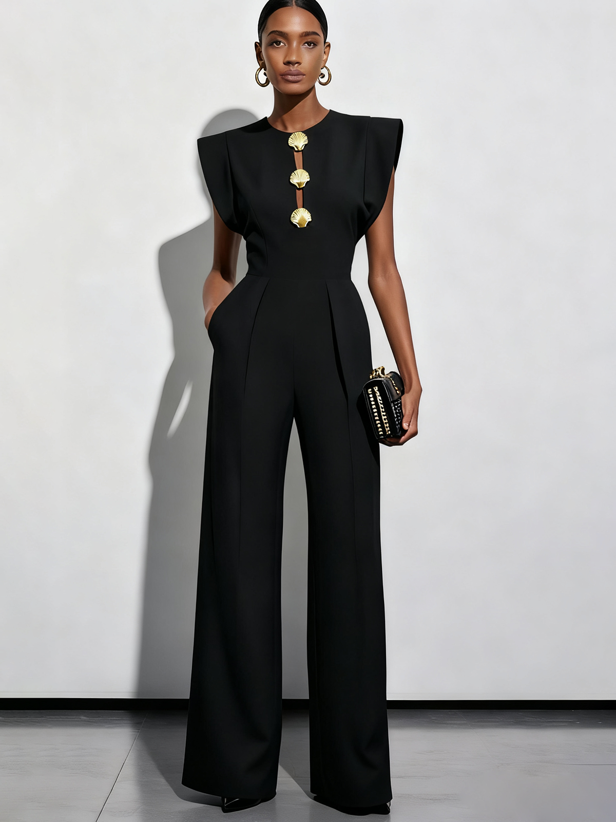 Women Black Buckle Hollow Out Crew Neck Cap Sleeve Dressy Jumpsuit