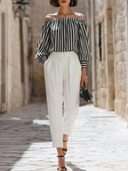 Chic Off-the-Shoulder Striped Blouse & High-Waisted Tailored Trousers Set