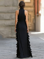 Midnight Elegance Ruffled Halter Pleated Chiffon Maxi Gown