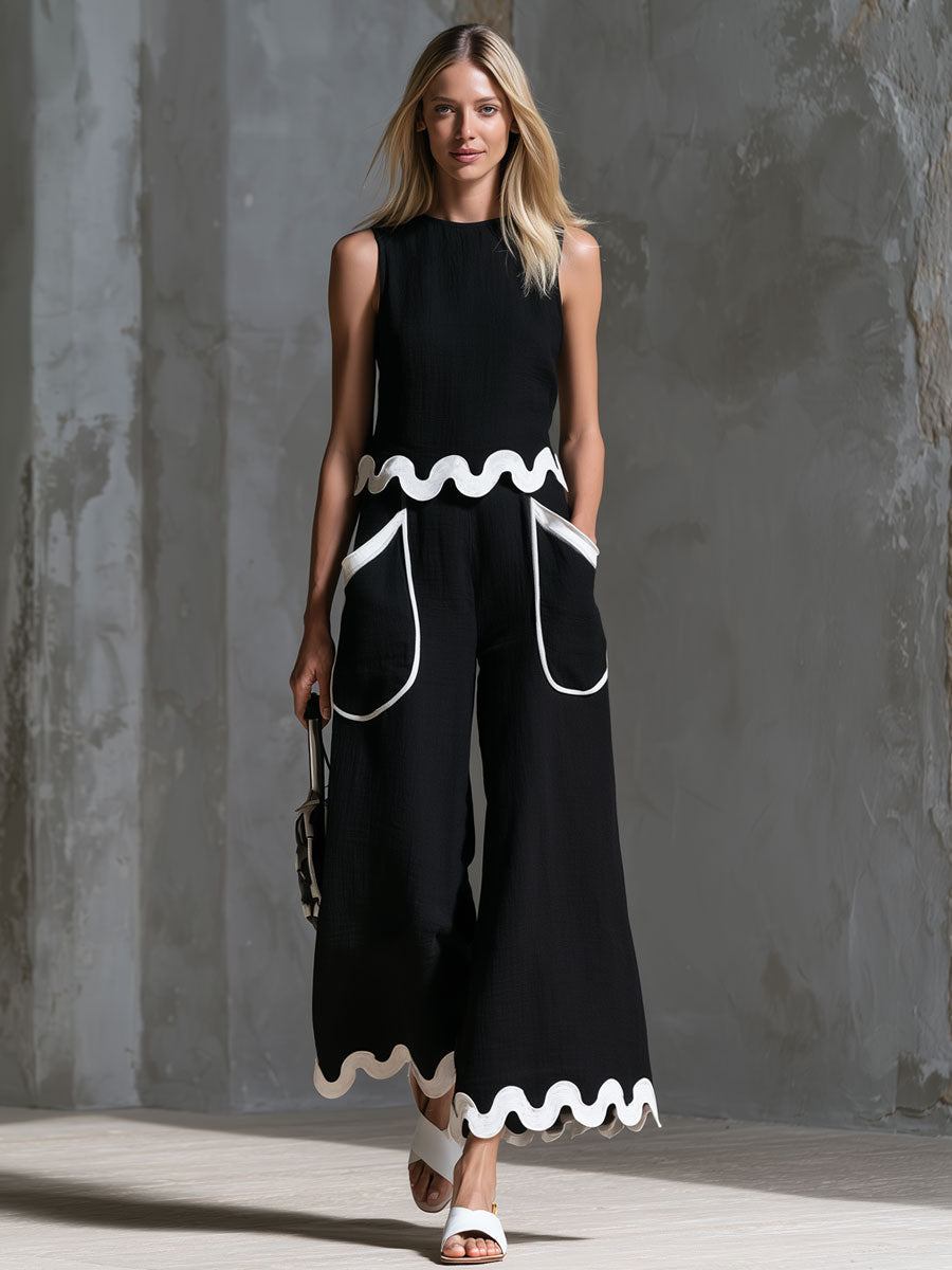 Retro Color-blocked Wavy-trimmed Black Sleeveless Cotton-linen Top And Pants Set