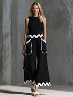 Retro Color-blocked Wavy-trimmed Black Sleeveless Cotton-linen Top And Pants Set